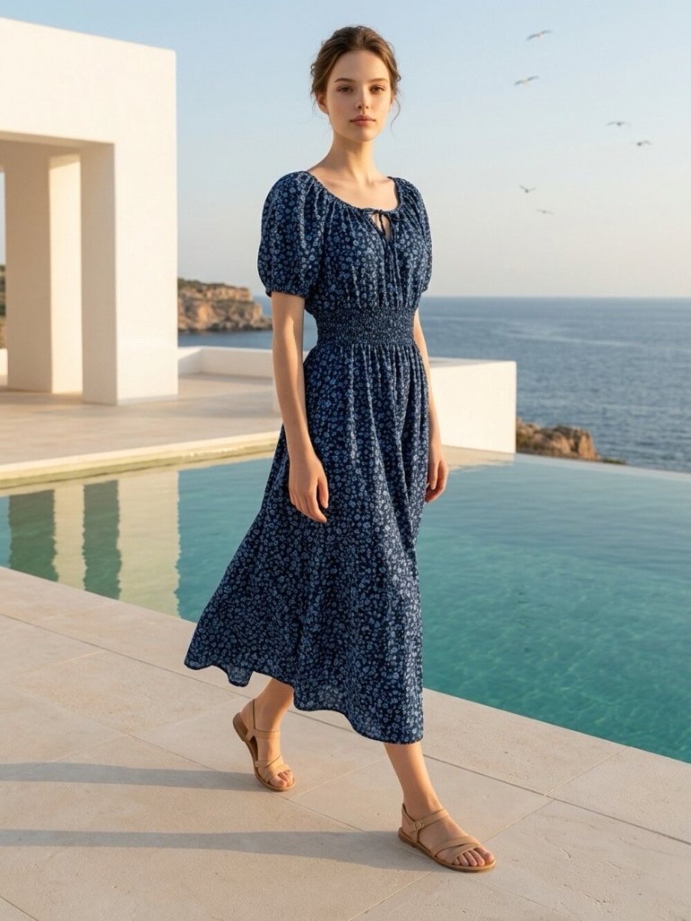 Uniqlo Blue Floral Smocked Midi Dress Size S Puff Sleeve Cottagecore